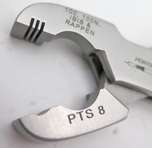 ITEM #PTS-8: PELIKAN PLIERS. THESE PLIERS WORK ON PELIKAN 100, 100N, IBIS & RAPPEN FOUNTAIN PENS. IT IS DESIGNED TO REMOVE THE SCREW IN NIB/FEED ASSEBLEY. THE TOOL HAS 3 SLOTS TO ACCPET THE RIBS ON THE BOTTOM OF THE FEED. 